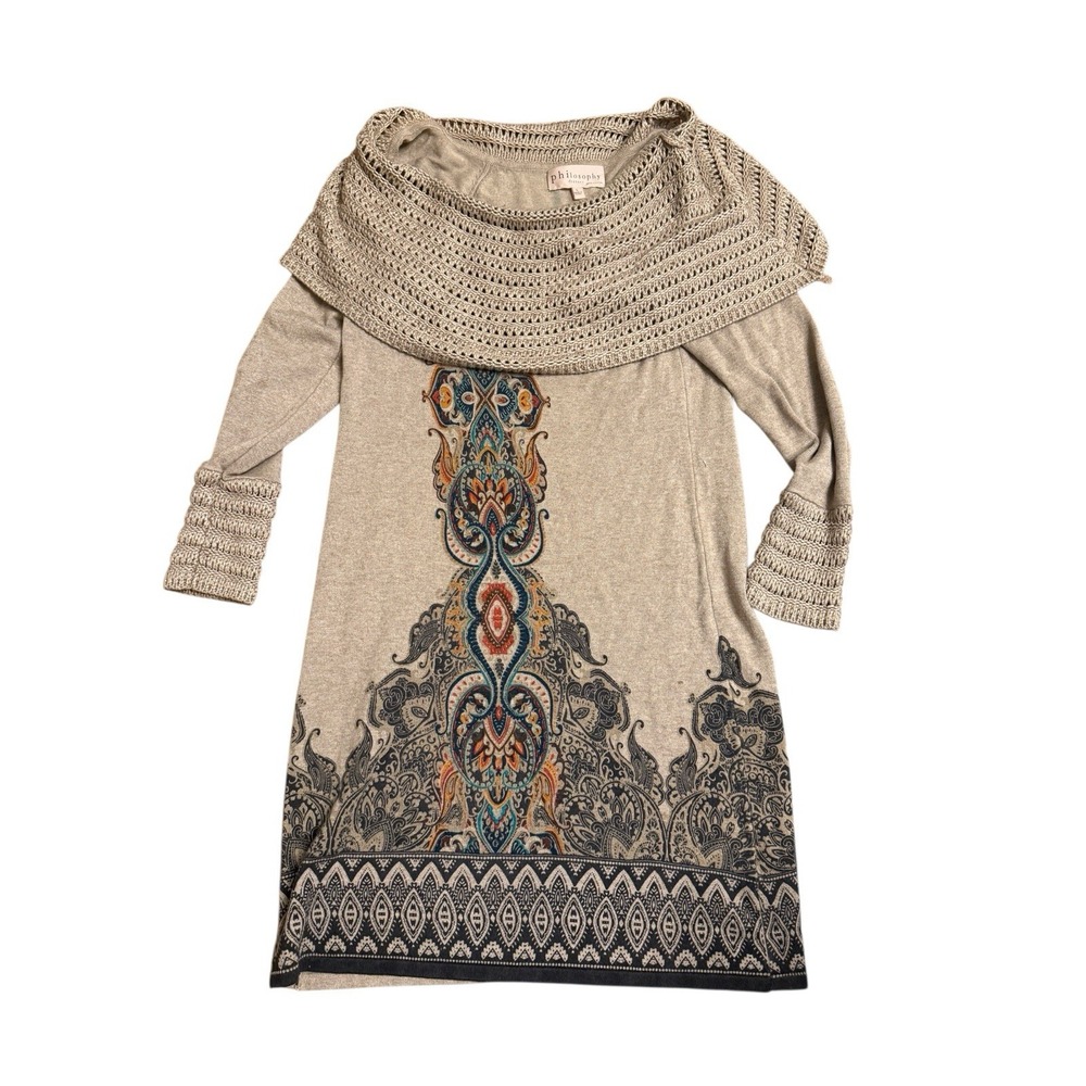 Philosophy Sz L Paisley Crochet Off Shoulder Knit Sweater Dress Long Sleeve Fall